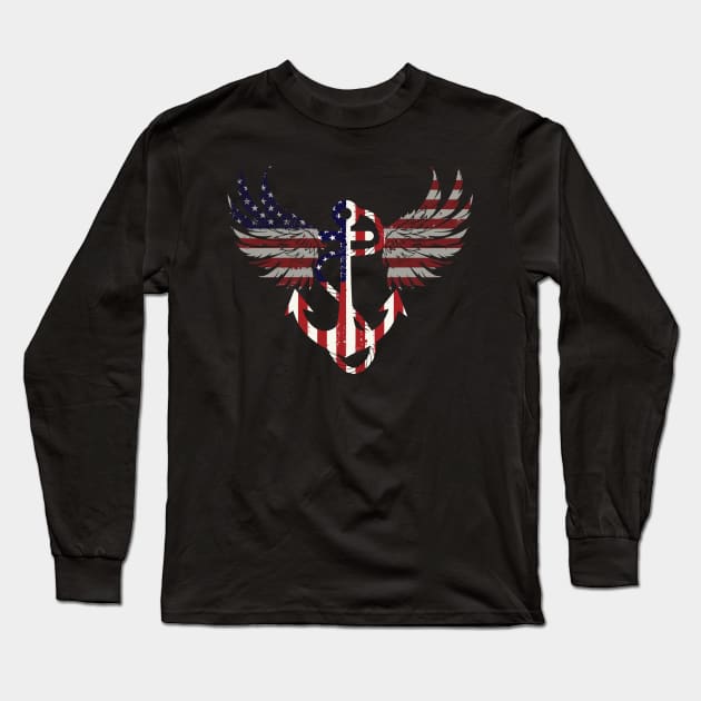 American navy, anchor, wings, map and Flag, 4th of July, happy independence day God Bless America Long Sleeve T-Shirt by SweetMay